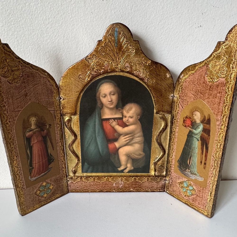 Vintage Italian Florentine Triptych  Madonna Child Raphael Gold Icon Italy